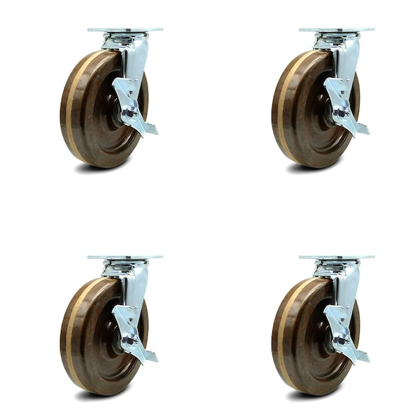 8 Inch High Temp Phenolic Caster Set with Roller Bearings and Brake/Swivel Lock